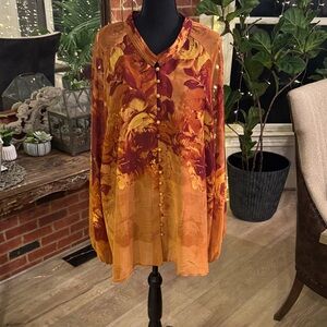 Avenue Orange and Burgundy Floral Blouse